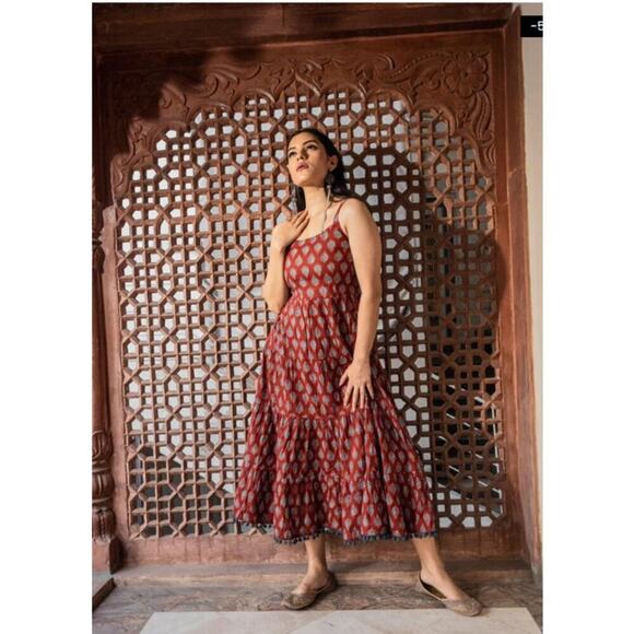 NWT Maroon Buti Printed Cotton Long Dress Pompom Lace Shoulder Straps XL - Picture 1 of 8